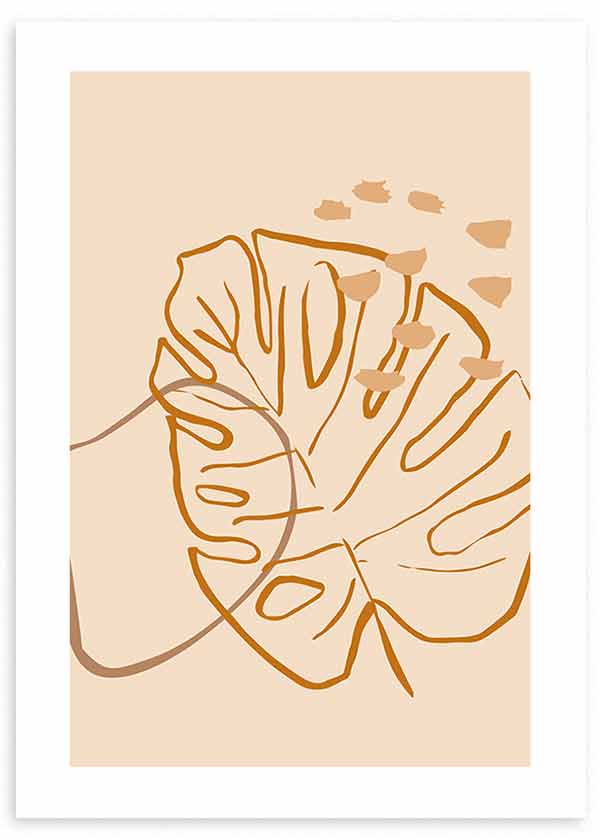 Quadro emoldurado com folhas tropicais sobrepostas em bege, areia e caramelo, linhas orgânicas, composição minimalista sobre fundo claro e estilo natural contemporâneo. Disponível em kudeko.com