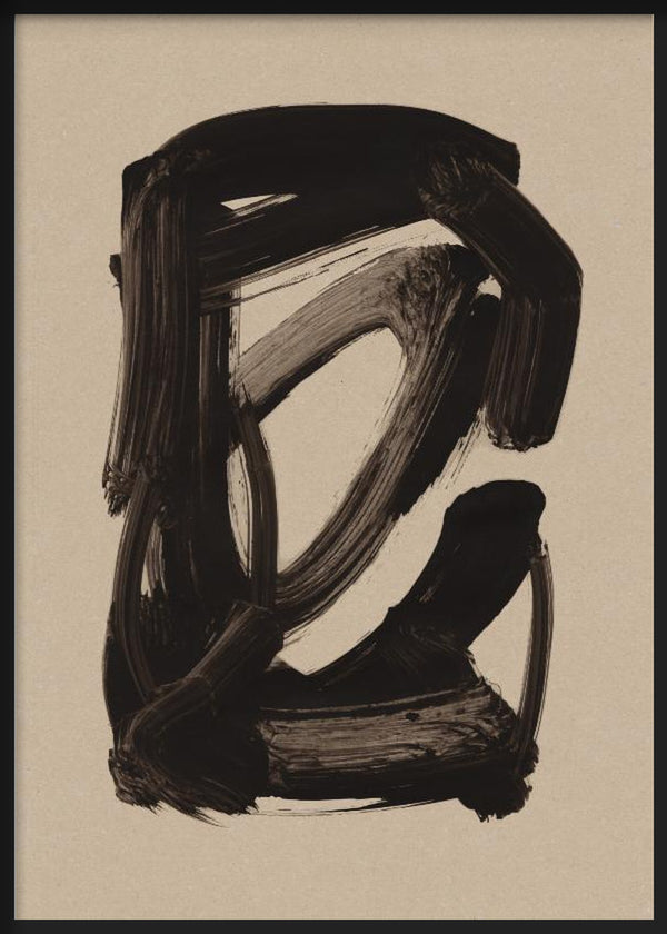 Cuadro con composición abstracta de trazos negros intensos sobre fondo beige cálido, contraste marcado, forma central abierta y estética contemporánea de estilo abstracto. Disponible en kudeko.com