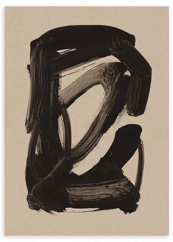 Cuadro con composición abstracta de trazos negros intensos sobre fondo beige cálido, contraste marcado, forma central abierta y estética contemporánea de estilo abstracto. Disponible en kudeko.com