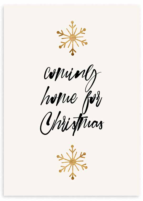 Cuadro con frase navideña coming home for Christmas en negro, fondo blanco y copos de nieve dorados, de estilo con frases. Disponible en kudeko.com