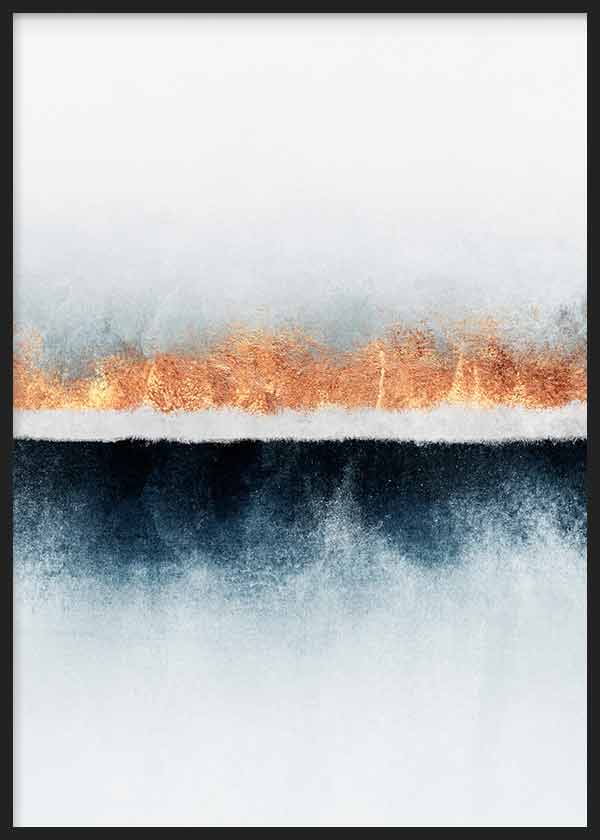 Cuadro con composición abstracta de franjas difusas en blanco, azul grisáceo, negro y cobre brillante, con efecto de horizonte sereno y estilo abstracto. Disponible en kudeko.com