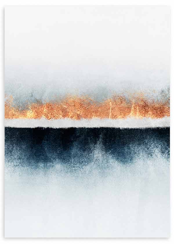 Abstraktes Wandbild mit diffusen Streifen in Weiß, Graublau, Schwarz und Kupfer, ausgewogene Komposition mit ruhiger Horizontwirkung im zeitgenössischen Stil. Erhältlich auf kudeko.com