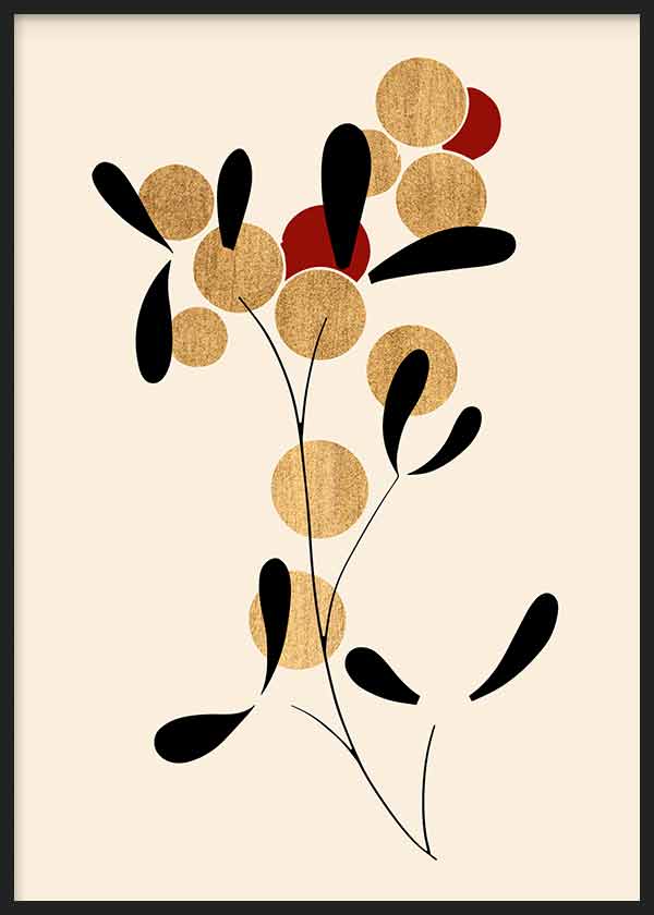Cuadro con composición botánica abstracta de círculos dorado arena, formas negras orgánicas, detalles rojos y fondo beige claro de estilo abstracto. Disponible en kudeko.com