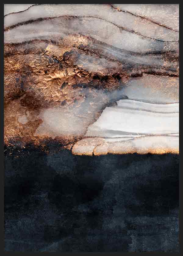Cuadro con composición abstracta de vetas fluidas, texturas minerales y manchas en negro, gris, blanco roto y cobre, de estilo abstracto. Disponible en kudeko.com