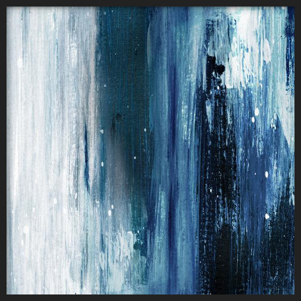 Cuadro cuadrado con composición abstracta de franjas difusas en azul índigo, blanco, celeste y negro, con textura degradada y contraste suave de estilo abstracto. Disponible en kudeko.com