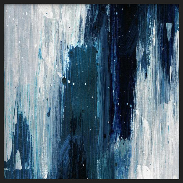 Cuadro cuadrado con composición abstracta de manchas y franjas en azul índigo, azul petróleo, blanco y gris, de estilo abstracto. Disponible en kudeko.com