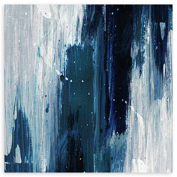 Tableau carré avec composition abstraite de bandes et de traces en bleu indigo, bleu pétrole, blanc et gris, dans un style abstrait contemporain et épuré. Disponible sur kudeko.com