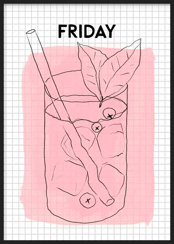 Cuadro de ilustración artística de refresco y palabra "Friday". ¡Una obra muy de viernes!