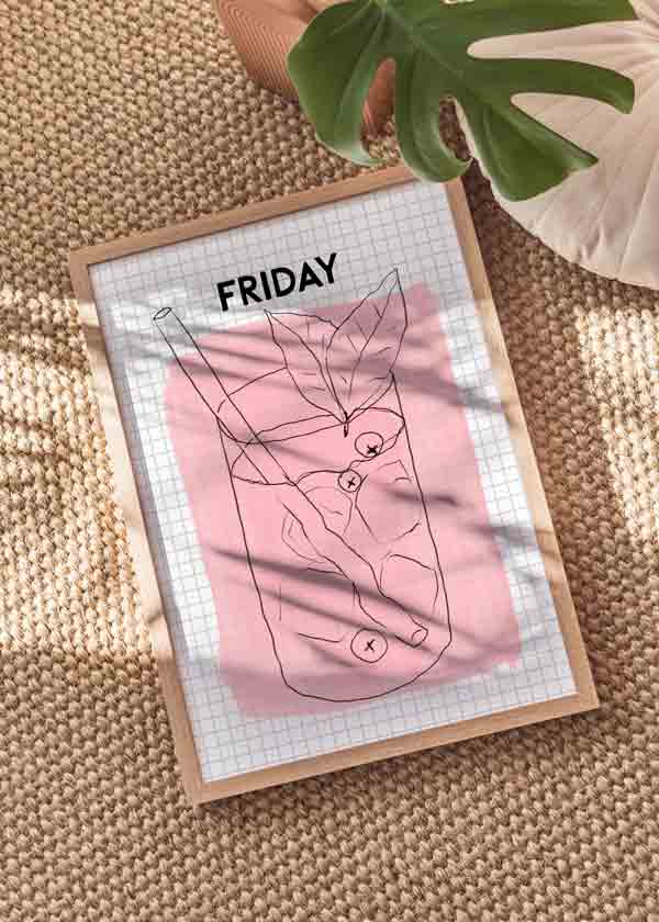 Cuadro de ilustración artística de refresco y palabra "Friday". ¡Una obra muy de viernes!