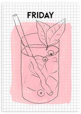 Cuadro de ilustración artística de refresco y palabra "Friday". ¡Una obra muy de viernes!