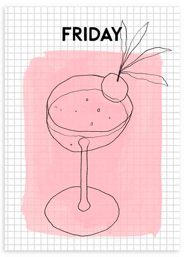 Cuadro de ilustración artística de refresco o cocktail y palabra "Friday". ¡Una obra muy de viernes!