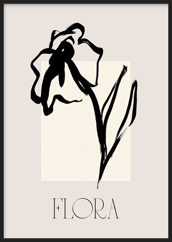 Cuadro ilustración floral con trazos en negro sobre fondo beige