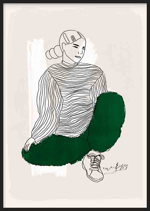 Cuadro de ilustración artística de mujer con pantalón verde sobre fondo beige. Una obra cargada de estilo.