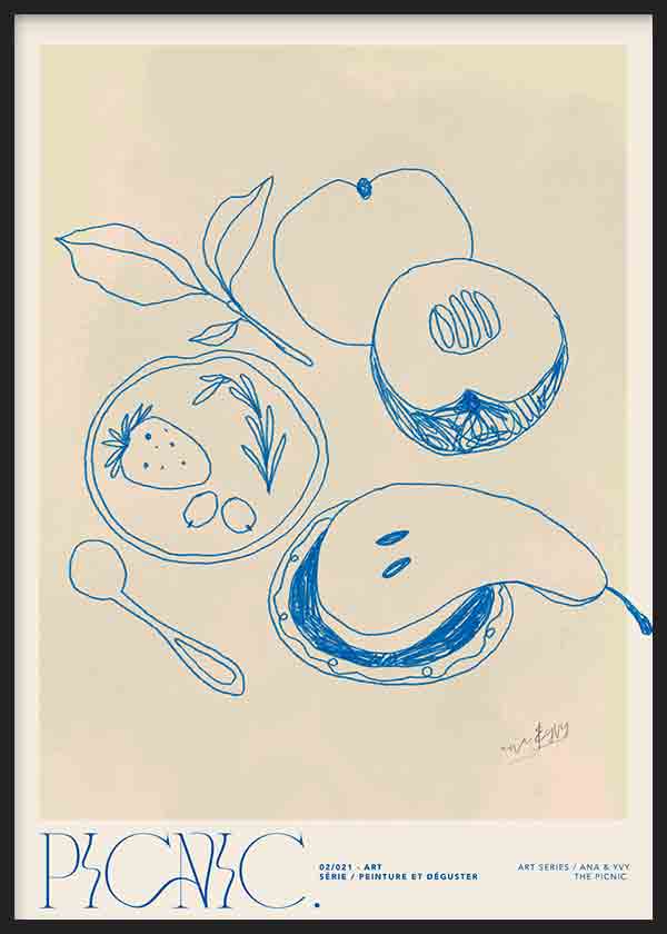 Cuadro de ilustración artística con frutas en trazo azul y fondo beige, ideal para cocina.