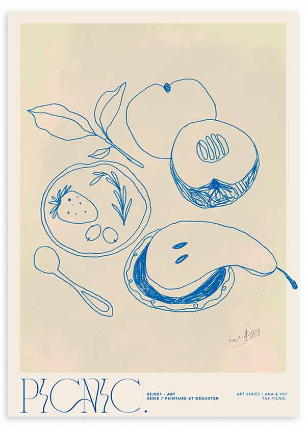 Cuadro de ilustración artística con frutas en trazo azul y fondo beige, ideal para cocina.