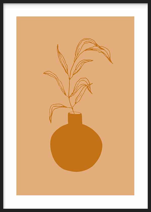 Cuadro de jarrón redondo terracota con ramas finas sobre fondo beige cálido, composición limpia de estilo minimalista. Disponible en kudeko.com