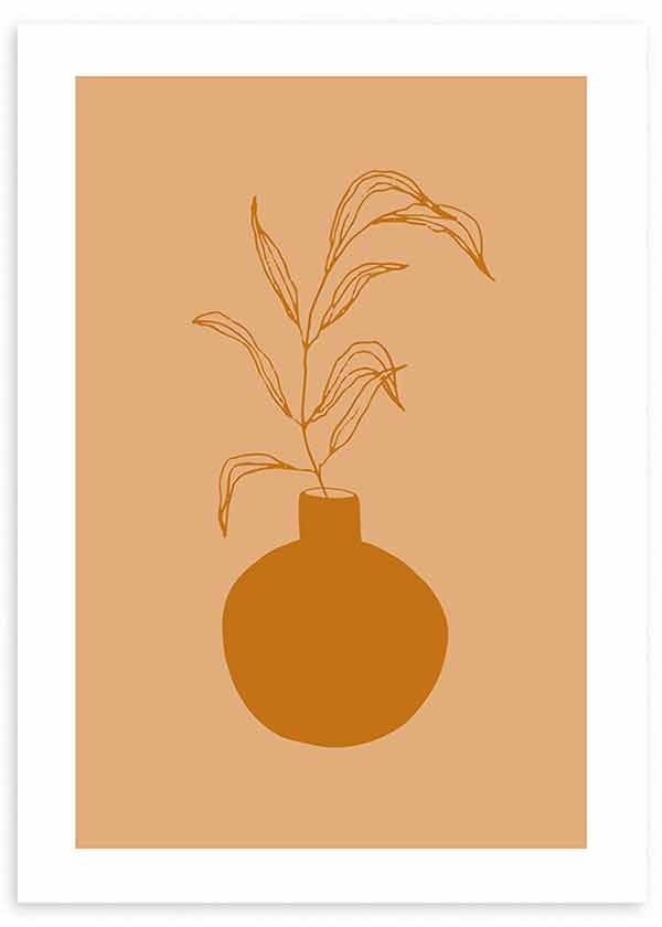 Quadro emoldurado com jarra redonda terracota, ramos finos sobre fundo bege quente, composição simples e estilo minimalista para uma decoração de parede natural. Disponível em kudeko.com