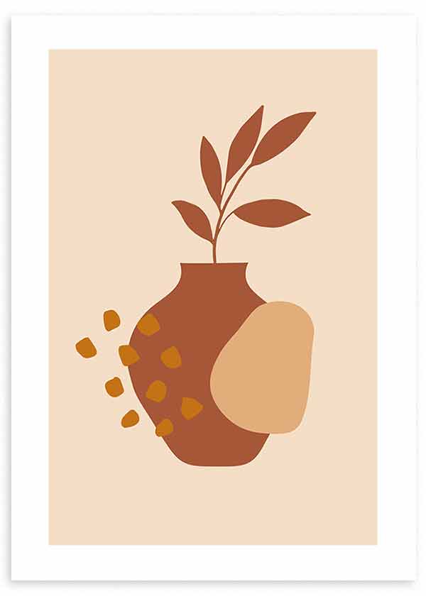 Quadro emoldurado com jarra boémia terracota, folhas estilizadas, formas orgânicas em bege areia e apontamentos mostarda sobre fundo creme, de estilo minimalista. Disponível em kudeko.com