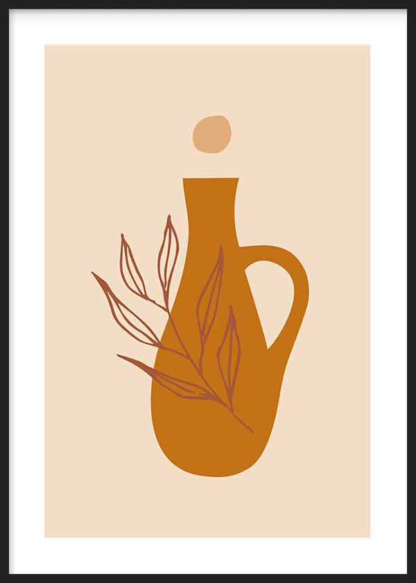 Cuadro de jarrón bohemio terracota con ramas de hojas finas, fondo beige cálido y composición minimalista de aire sereno. Disponible en kudeko.com