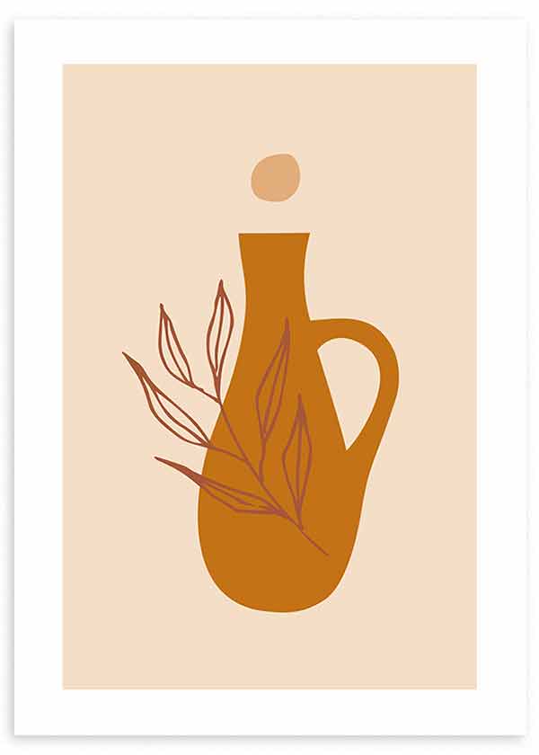 Quadro emoldurado com jarra boémia terracota, ramos de folhas finas, fundo bege acolhedor e composição minimalista de estilo sereno e natural. Disponível em kudeko.com