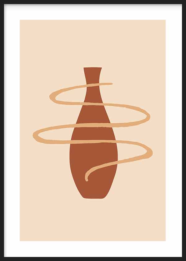 Gerahmtes Wandbild mit stilisierter Vase in Terrakotta auf beigem Hintergrund, umgeben von einer geschwungenen sandfarbenen Linie, klare Komposition im minimalistischen Stil für natürliche Wandgestaltung. Erhältlich auf kudeko.com
