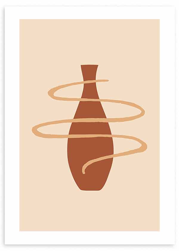 Quadro emoldurado com jarra estilizada terracota sobre fundo bege, rodeada por linha ondulada cor areia, composição limpa de estilo minimalista e decoração de parede natural. Disponível em kudeko.com