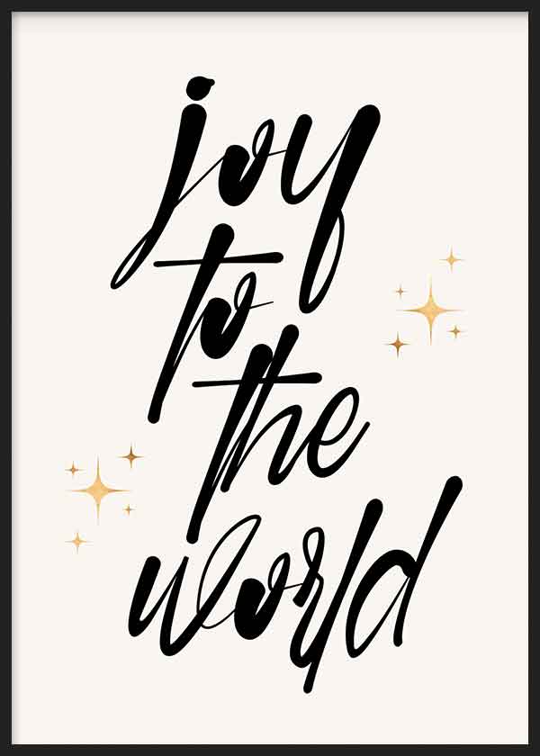 Cuadro con frase Joy to the World en caligrafía negra sobre fondo beige con estrellas doradas y estilo con frases. Disponible en kudeko.com