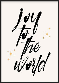 Tableau avec la phrase Joy to the World en calligraphie noire sur fond beige clair, petites étoiles dorées et style typographique minimaliste. Disponible sur kudeko.com