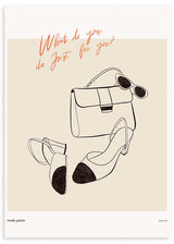 Cuadro ilustración artística de tacones y bolso con frase "What do you do just for you?"