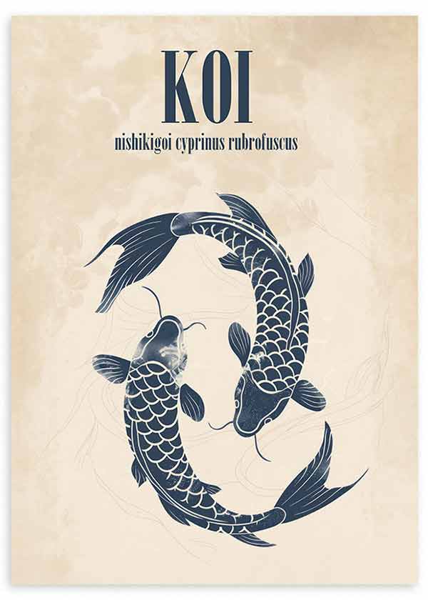 Cuadro con frases e ilustración de carpas koi en tonos azul marino sobre fondo beige – kudeko.com