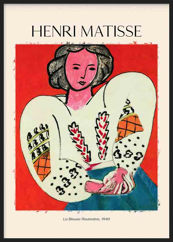 Künstlerisch inspiriertes Wandbild nach Matisse La Blouse Roumaine, mit weiblicher Figur, lebendigen Farbtönen, modernem Stil und eleganter dekorativer Wirkung für die Wand. Erhältlich auf kudeko.com