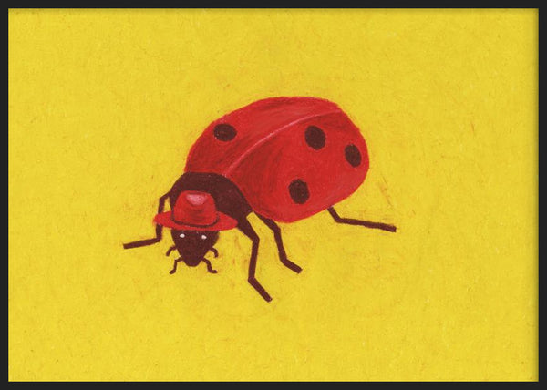 Cuadro ilustración de mariquita con sombrero rojo sobre fondo amarillo, kudeko.com