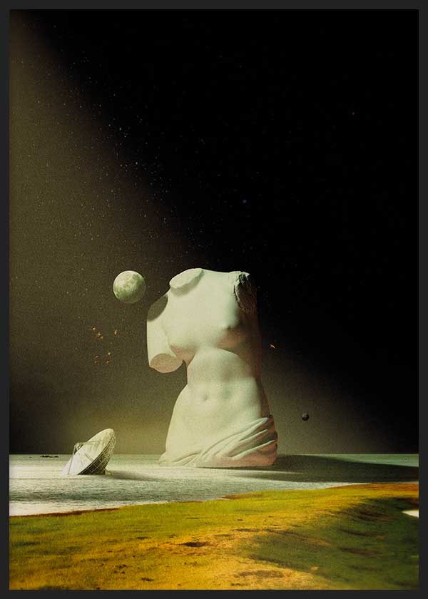 Cuadro de paisaje espacial con torso de escultura clásica blanca, esferas flotantes, suelo dorado y verde oliva, fondo negro y estilo abstracto. Disponible en kudeko.com