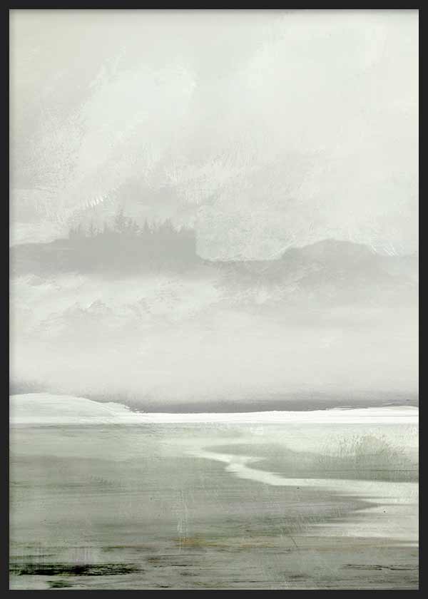 Tableau de paysage lacustre avec eau vert grisé, brume légère, montagnes discrètes, horizon estompé et style nature apaisé. Disponible sur kudeko.com
