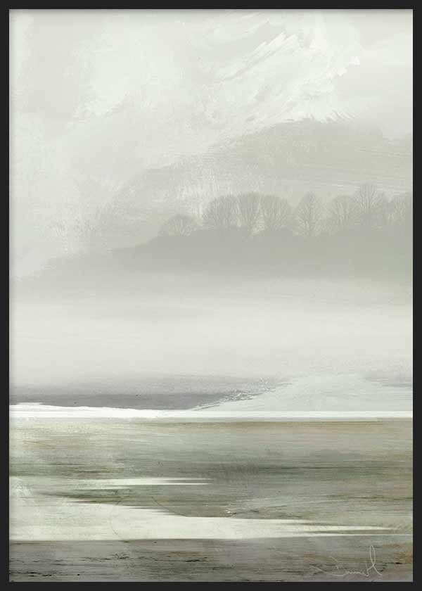 Tableau de paysage lacustre avec brume légère, arbres lointains, eau calme en gris perle, beige et vert grisé, dans un style nature apaisé. Disponible sur kudeko.com