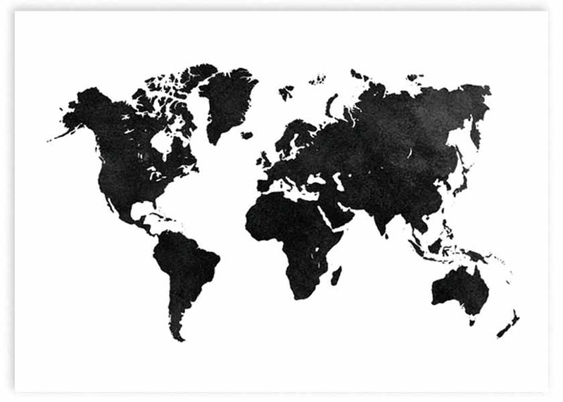 Quadro horizontal com mapa-mundo a preto sobre fundo branco, continentes definidos, contraste elegante e estilo minimalista contemporâneo para decoração de parede sofisticada. Disponível em kudeko.com