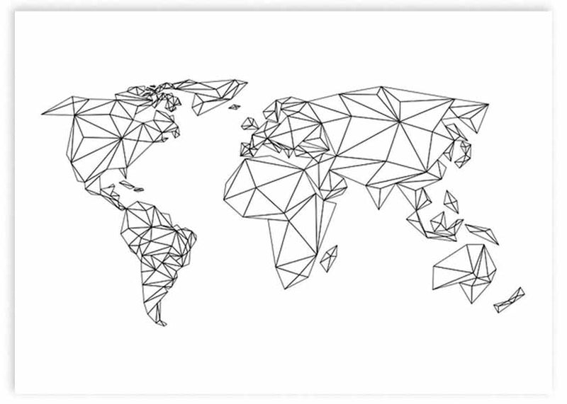 Cuadro horizontal con mapa del mundo de líneas negras, continentes poligonales sobre fondo blanco y composición limpia de estilo geométrico. Disponible en kudeko.com