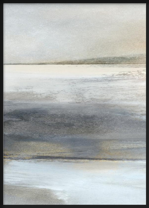 Cuadro con paisaje abstracto de horizonte brumoso, agua serena y tonos gris, beige, blanco roto y dorado suave, de estilo naturaleza y paisajes. Disponible en kudeko.com