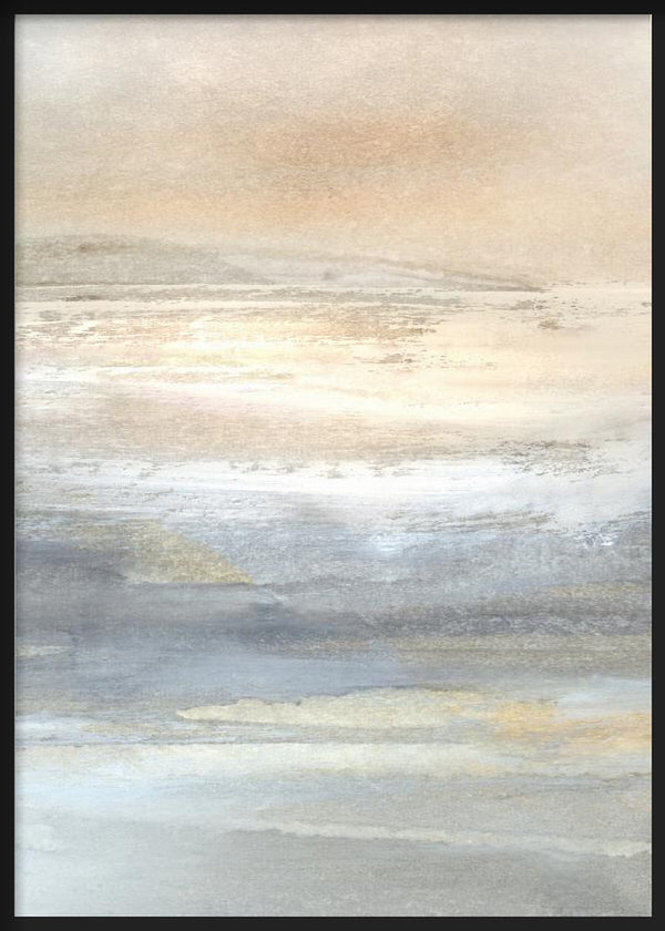 Cuadro con paisaje abstracto de horizontes difusos en tonos beige, crema, gris azulado y destellos dorados, de estilo abstracto. Disponible en kudeko.com