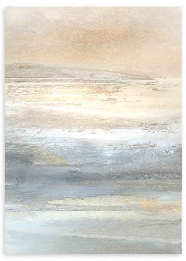 Tableau encadré représentant un paysage abstrait aux horizons diffus, en beige, crème, gris bleuté et touches dorées, dans un style abstrait apaisant. Disponible sur kudeko.com