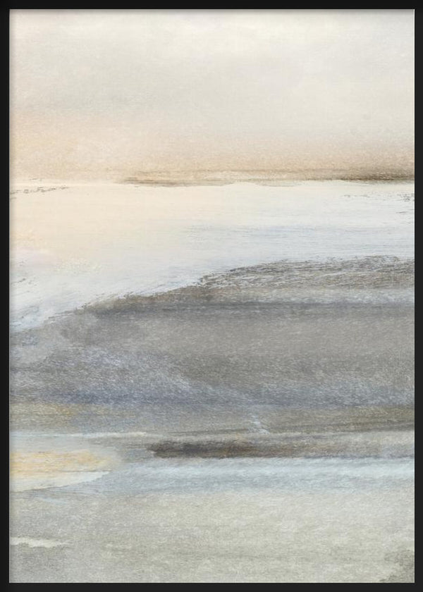 Cuadro de paisaje abstracto con franjas suaves en beige, gris, blanco roto y tonos arena, de estilo abstracto. Disponible en kudeko.com