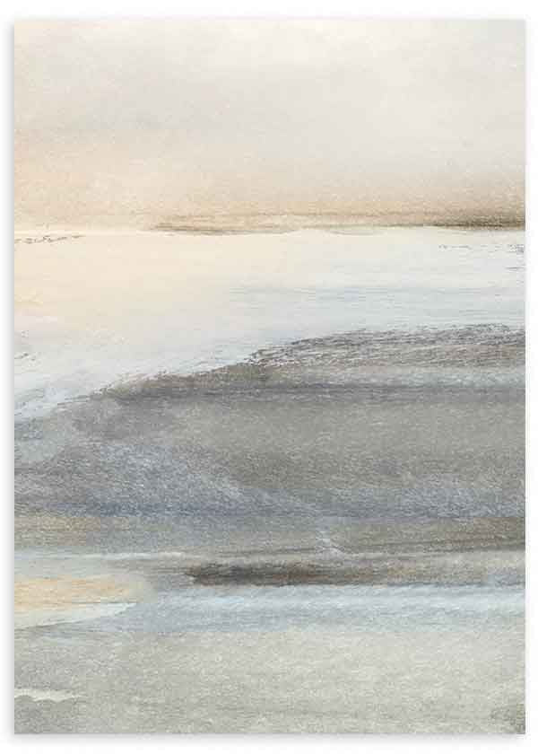 Cuadro de paisaje abstracto con franjas suaves en beige, gris, blanco roto y tonos arena, de estilo abstracto. Disponible en kudeko.com