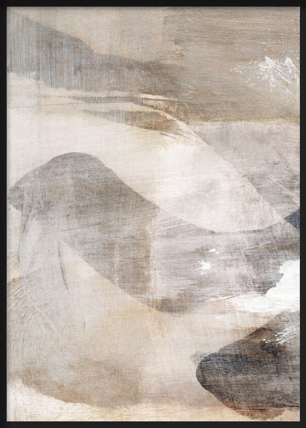 Gerahmtes Wandbild mit abstrakter Komposition aus überlagerten organischen Formen in Beige, Taupegrau, Off-White und sanftem Braun, im zeitgenössischen abstrakten Stil. Erhältlich auf kudeko.com