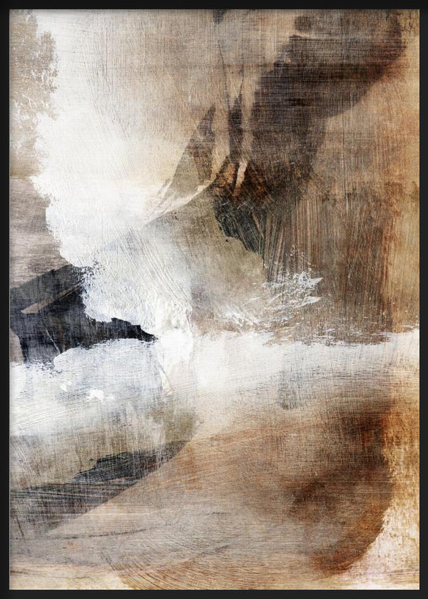 Cuadro con composición abstracta de formas orgánicas superpuestas en blanco, beige, marrón y negro, con textura visual suave y estilo abstracto. Disponible en kudeko.com