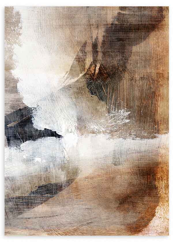 Cuadro con composición abstracta de formas orgánicas superpuestas en blanco, beige, marrón y negro, con textura visual suave y estilo abstracto. Disponible en kudeko.com
