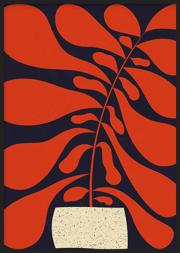 Cuadro con planta decorativa de hojas rojas grandes, fondo azul oscuro y maceta beige, composición orgánica de alto contraste en estilo abstracto. Disponible en kudeko.com