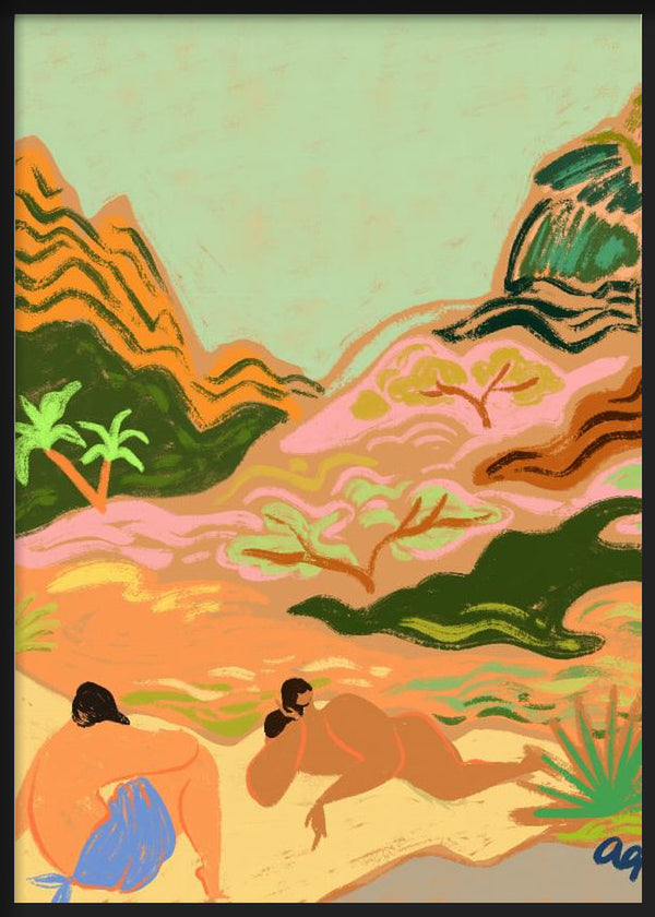 Quadro com cena natural em estilo ilustrado, duas figuras deitadas, colinas onduladas, palmeiras e vegetação em rosa, verde, laranja e bege, visual contemporâneo. Disponível em kudeko.com