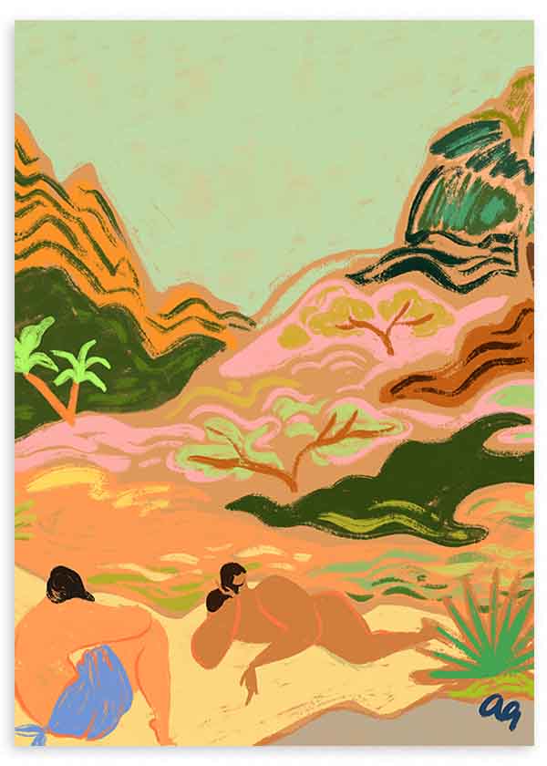 Cuadro de escena natural con dos figuras recostadas, colinas onduladas, palmeras y vegetación en tonos rosa, verde, naranja y beige, de estilo ilustración. Disponible en kudeko.com