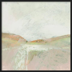 Tableau carré avec paysage abstrait de collines douces, bande lumineuse centrale, ciel clair, beige, rose poudré, crème et vert sauge, style nature et paysage épuré. Disponible sur kudeko.com