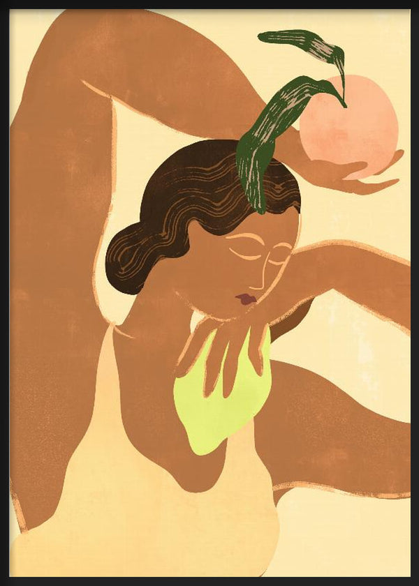 Tableau encadré avec figure féminine stylisée, fruit rose, feuilles vertes, fond crème et formes organiques en tons terre, dans un style illustration contemporain. Disponible sur kudeko.com
